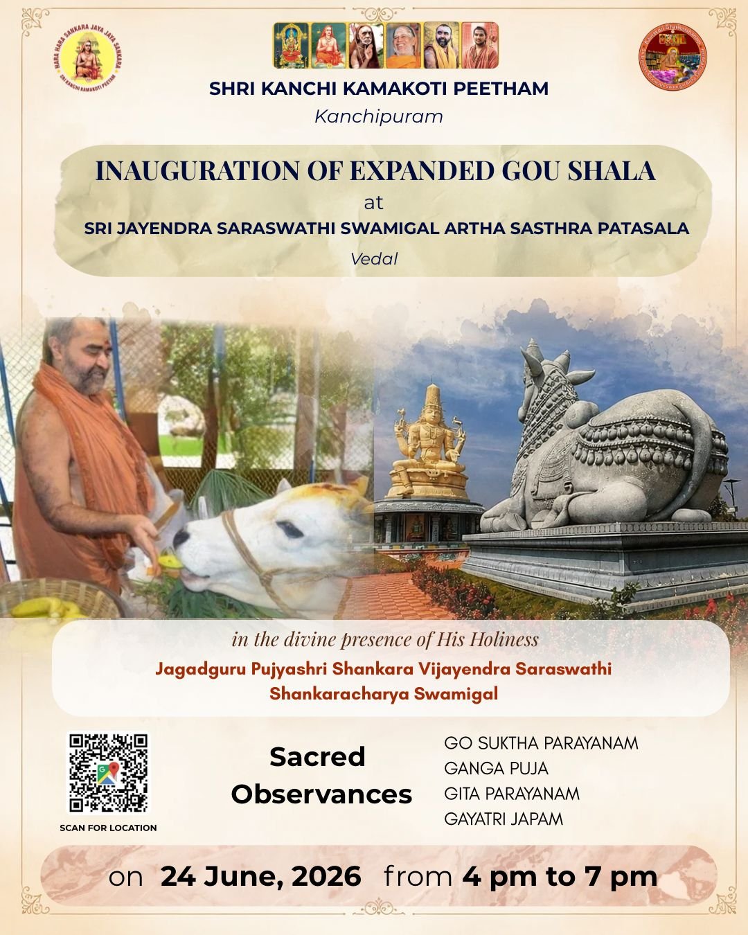 His Holiness to bless and inaugurate expanded Gou-Shala at Vedal, near Kanchipuram His Holiness to bless and inaugurate expanded Gou-Shala at Vedal, near Kanchipuram